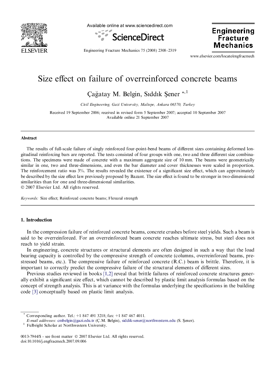 Size effect on failure of overreinforced concrete beams