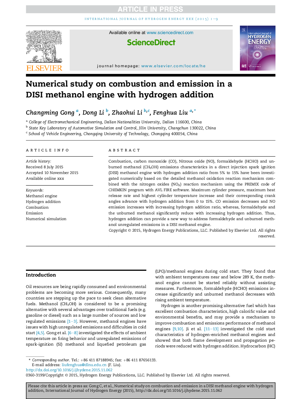 Numerical study on combustion and emission in a DISI methanol engine with hydrogen addition