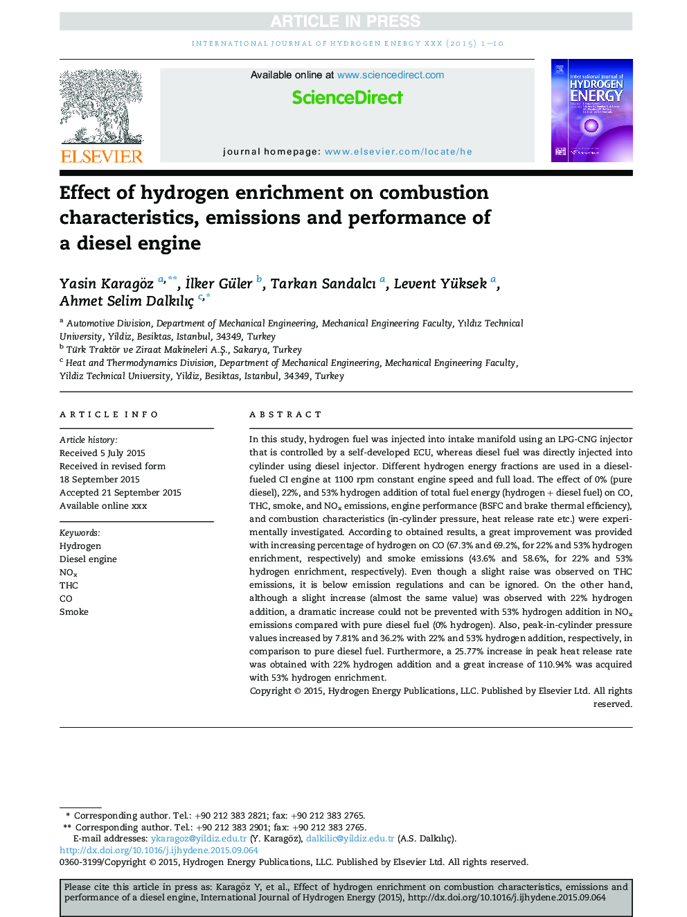 Effect of hydrogen enrichment on combustion characteristics, emissions and performance of aÂ diesel engine