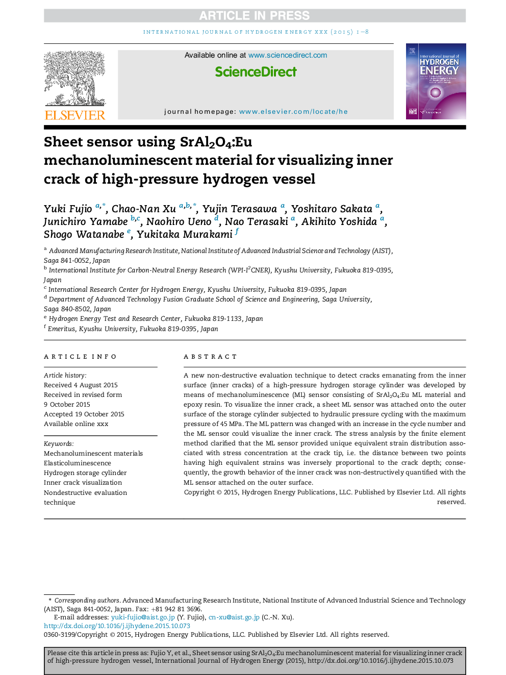 Sheet sensor using SrAl2O4:Eu mechanoluminescent material for visualizing inner crack of high-pressure hydrogen vessel