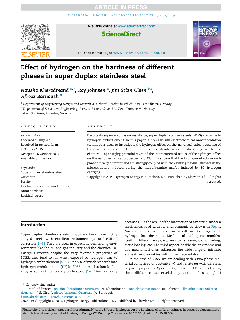 Effect of hydrogen on the hardness of different phases in super duplex stainless steel