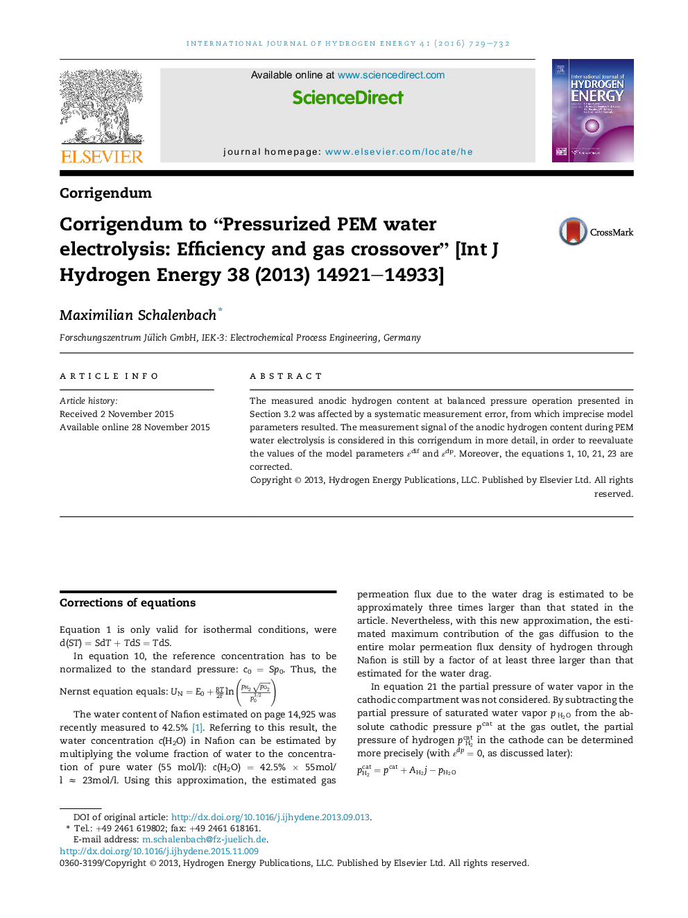 Corrigendum to “Pressurized PEM water electrolysis: Efficiency and gas crossover” [Int J Hydrogen Energy 38 (2013) 14921-14933]