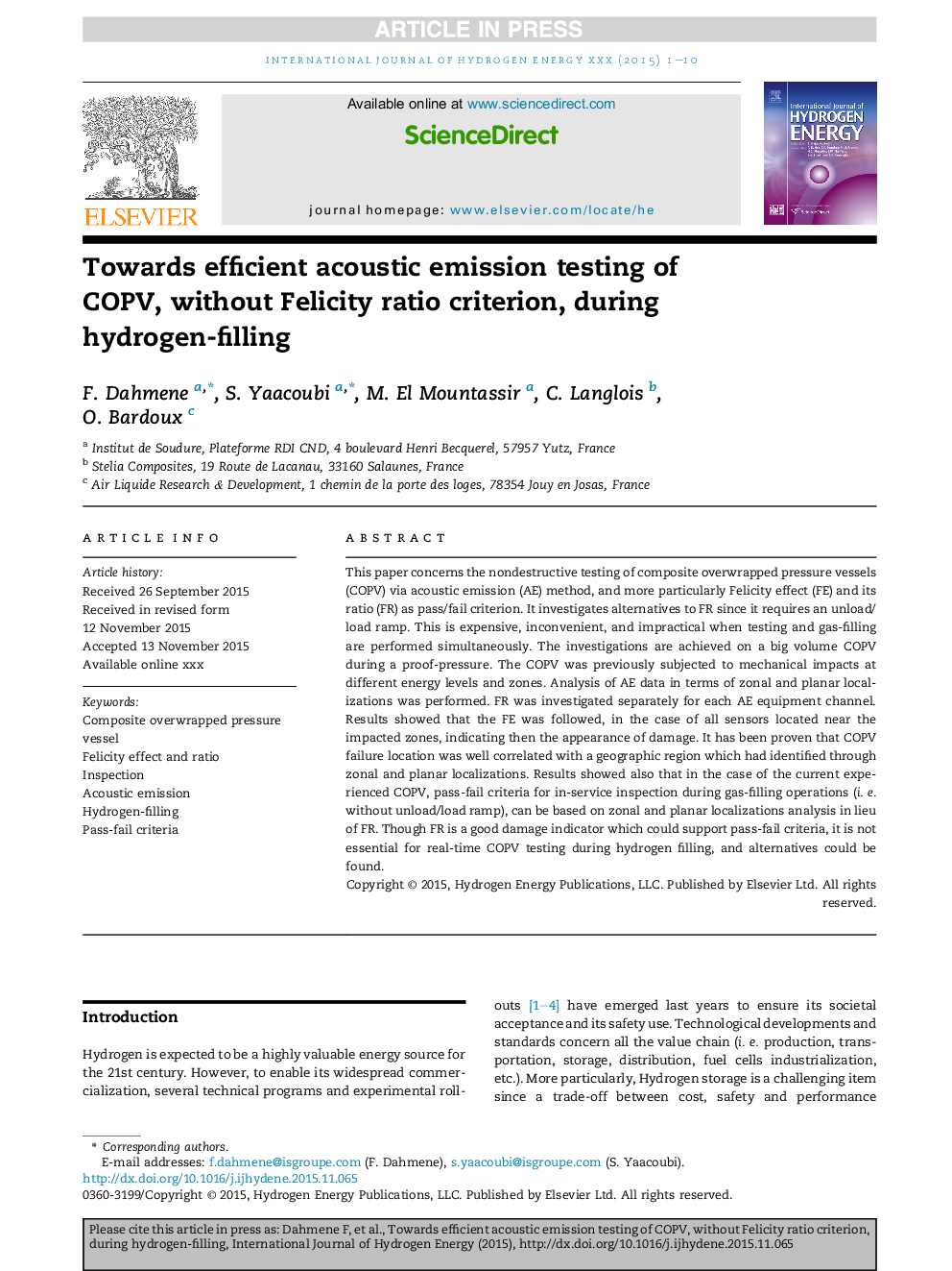 Towards efficient acoustic emission testing of COPV, without Felicity ratio criterion, during hydrogen-filling