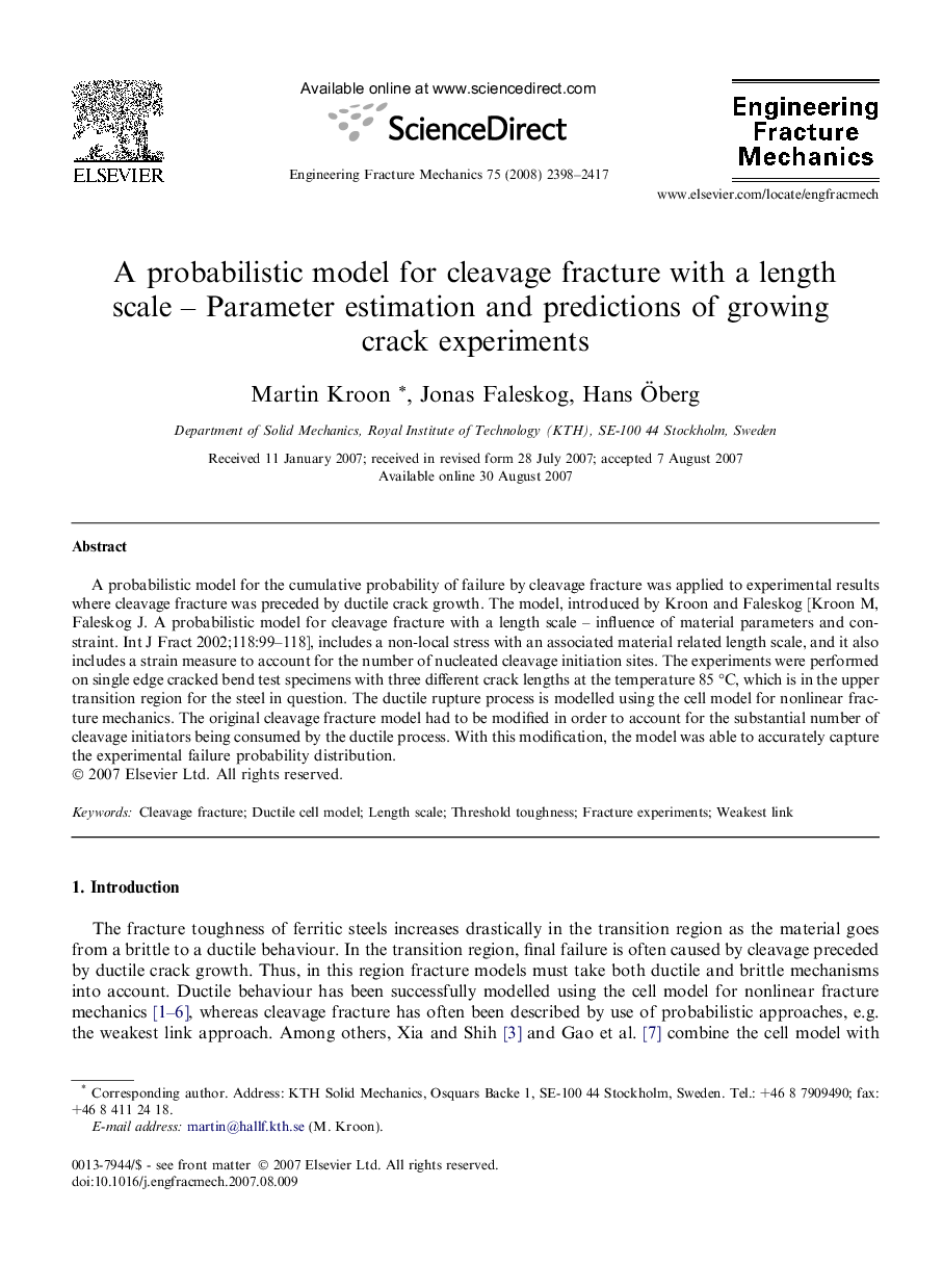 A probabilistic model for cleavage fracture with a length scale – Parameter estimation and predictions of growing crack experiments