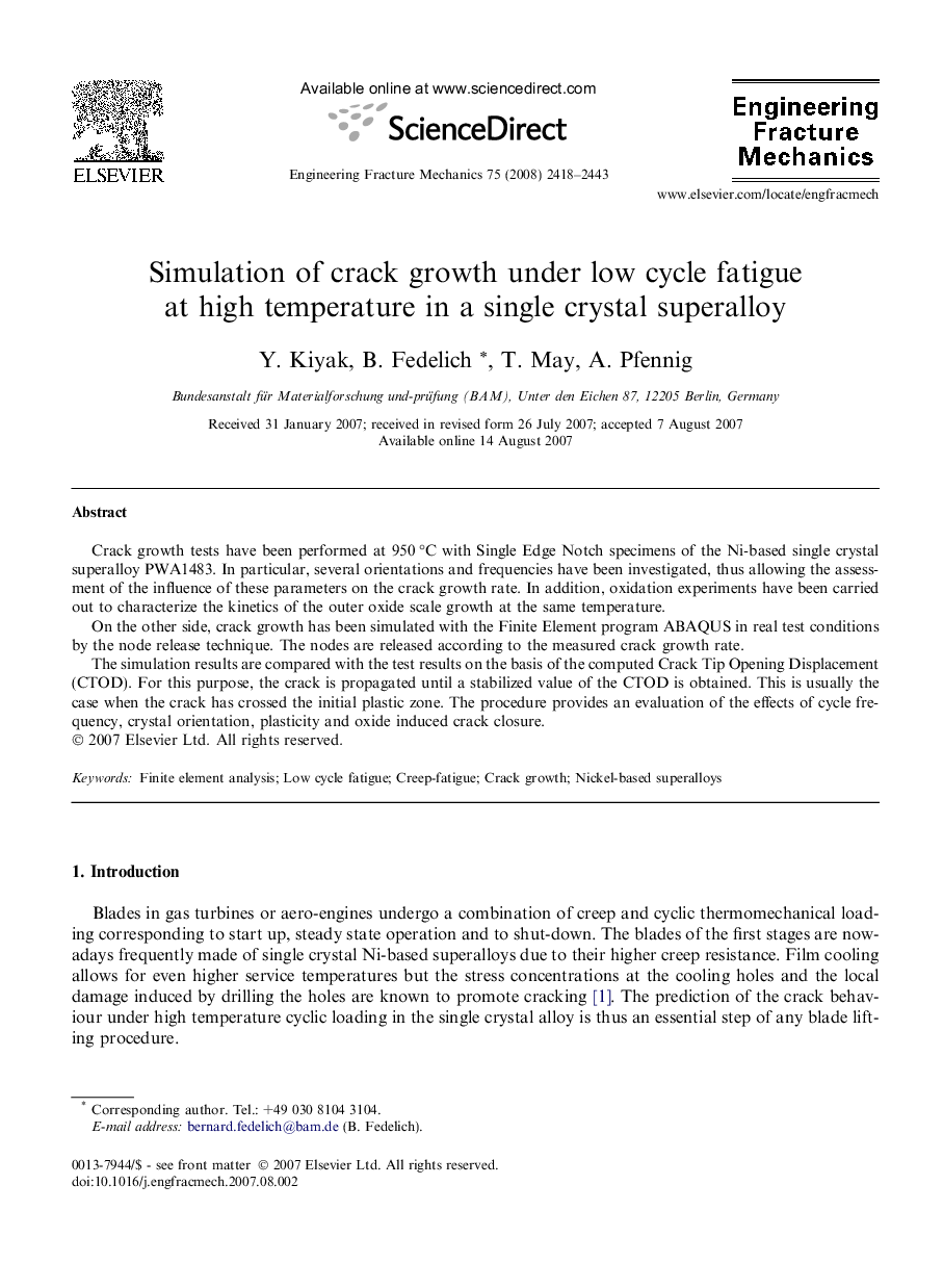 Simulation of crack growth under low cycle fatigue at high temperature in a single crystal superalloy