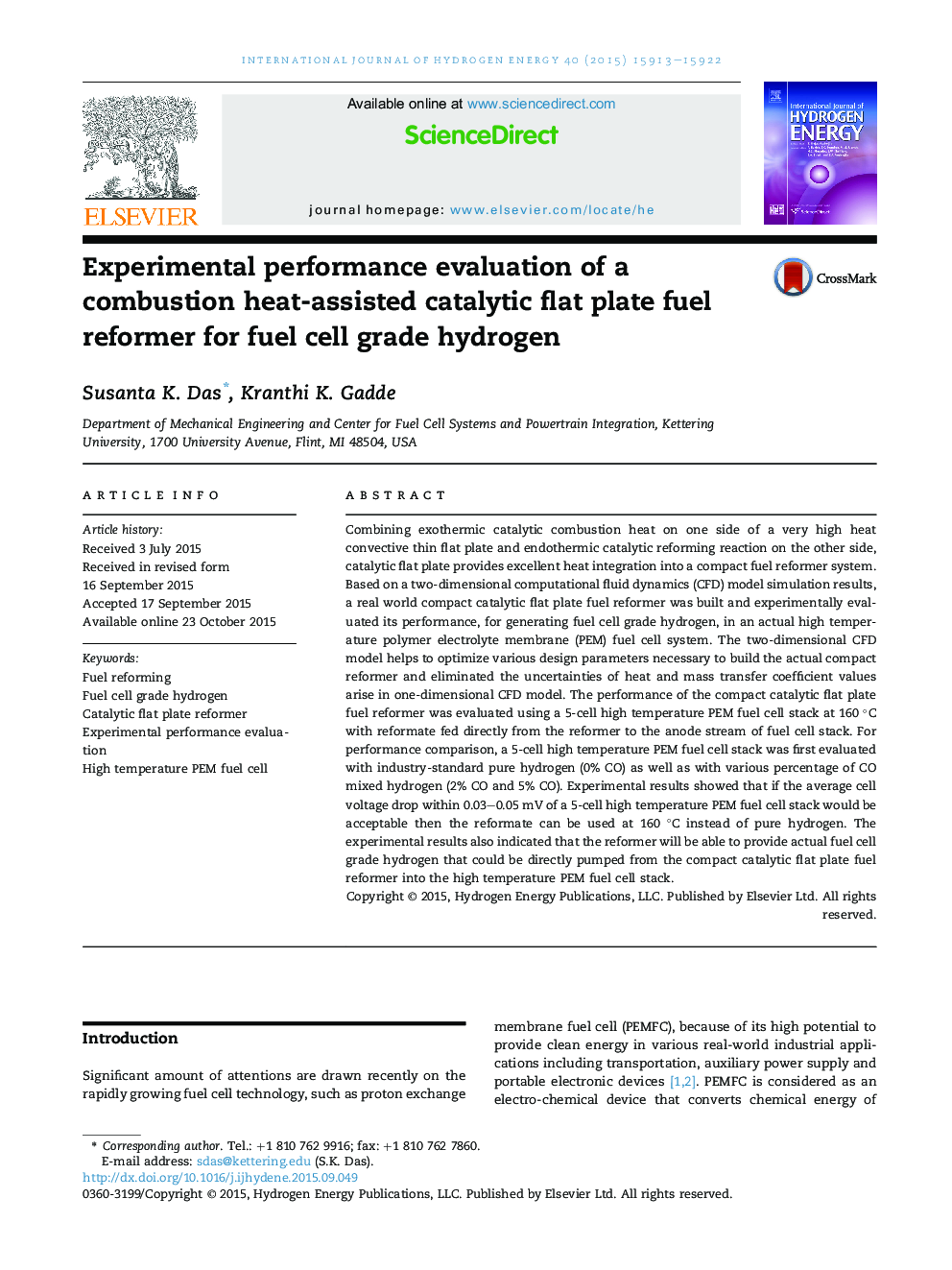 Experimental performance evaluation of a combustion heat-assisted catalytic flat plate fuel reformer for fuel cell grade hydrogen