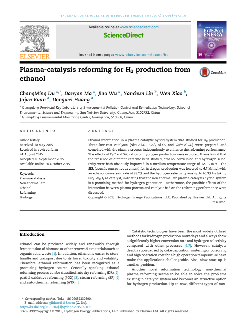 Plasma-catalysis reforming for H2 production from ethanol