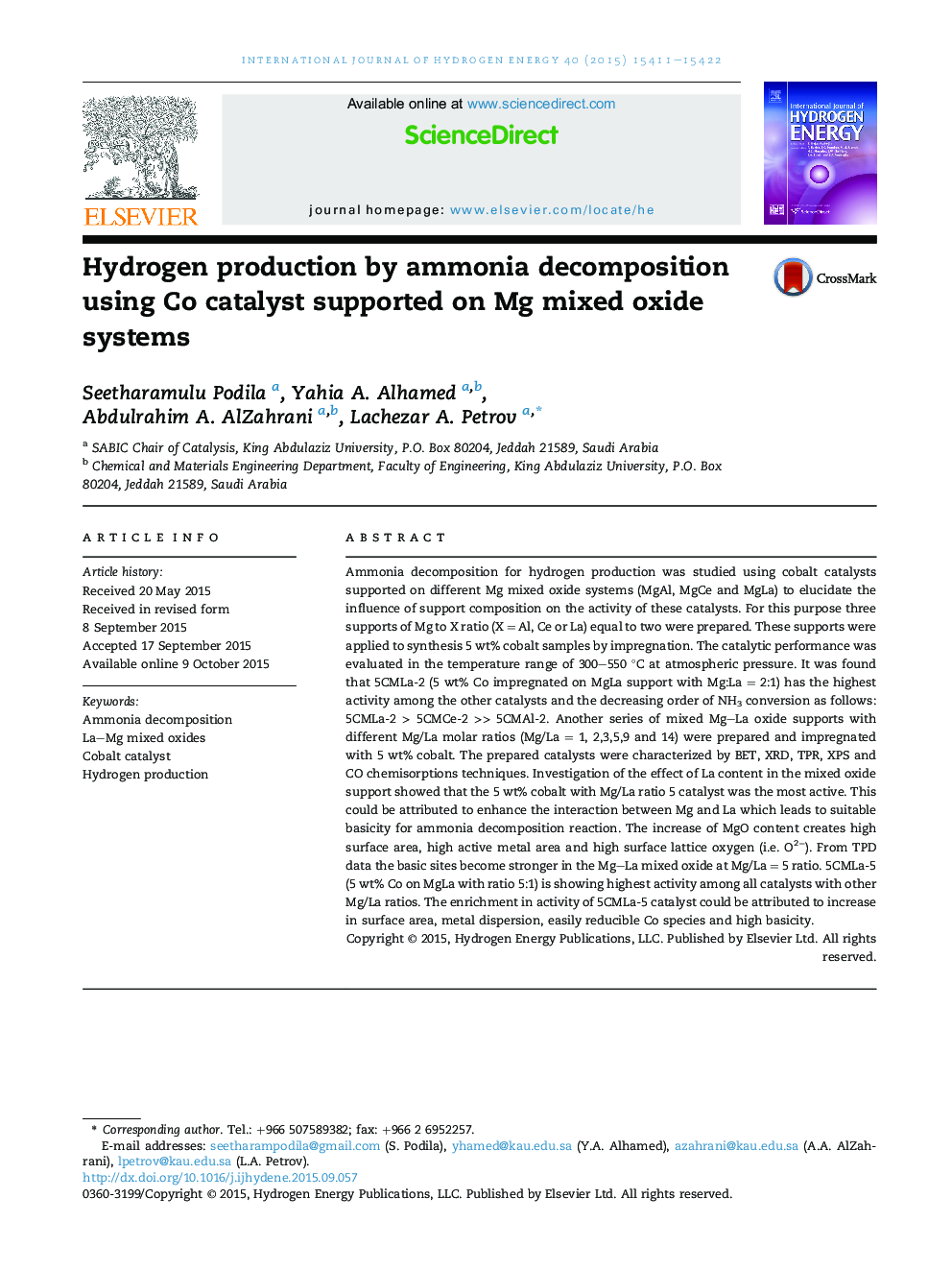 Hydrogen production by ammonia decomposition using CoÂ catalyst supported on Mg mixed oxide systems