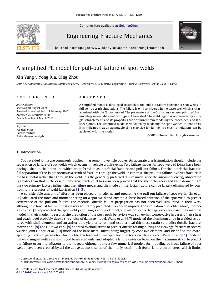 A simplified FE model for pull-out failure of spot welds