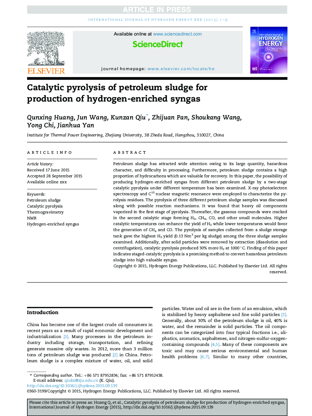Catalytic pyrolysis of petroleum sludge for production of hydrogen-enriched syngas