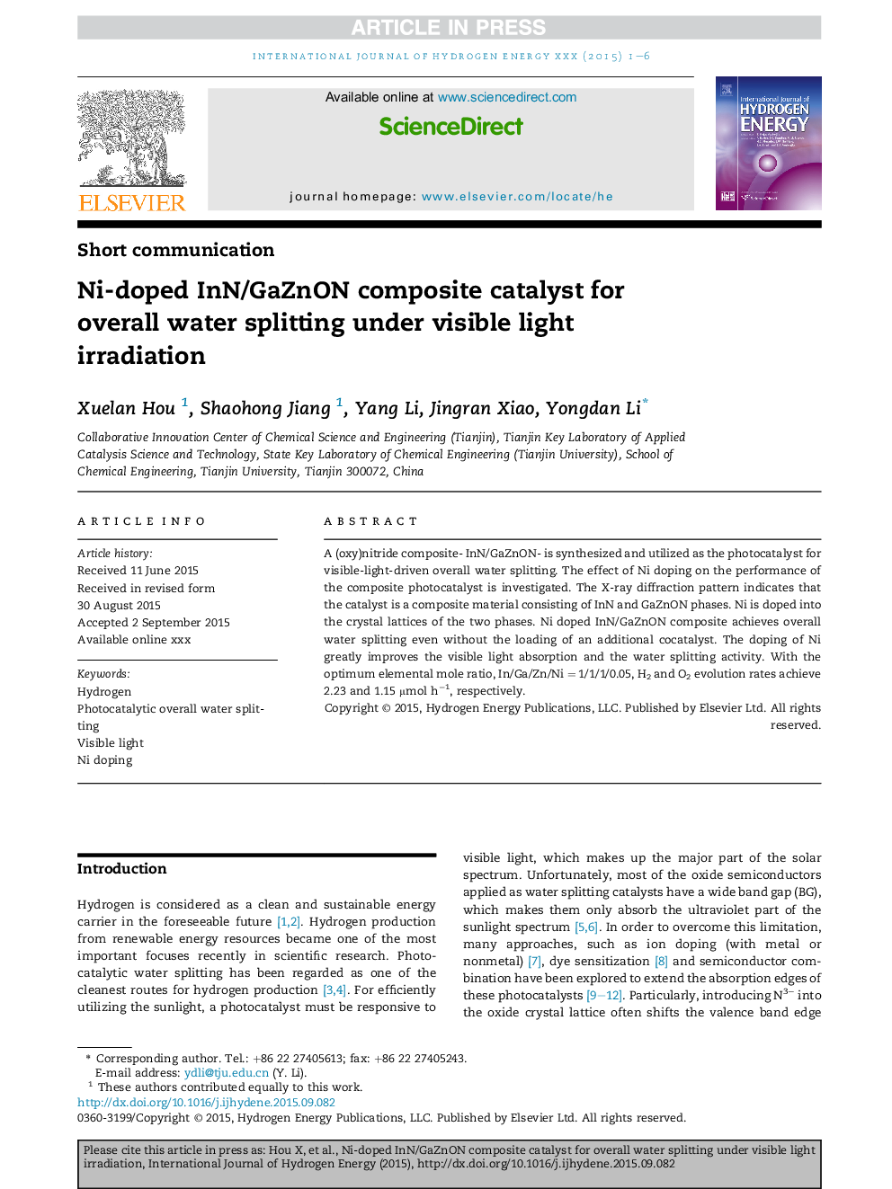 Ni-doped InN/GaZnON composite catalyst for overall water splitting under visible light irradiation