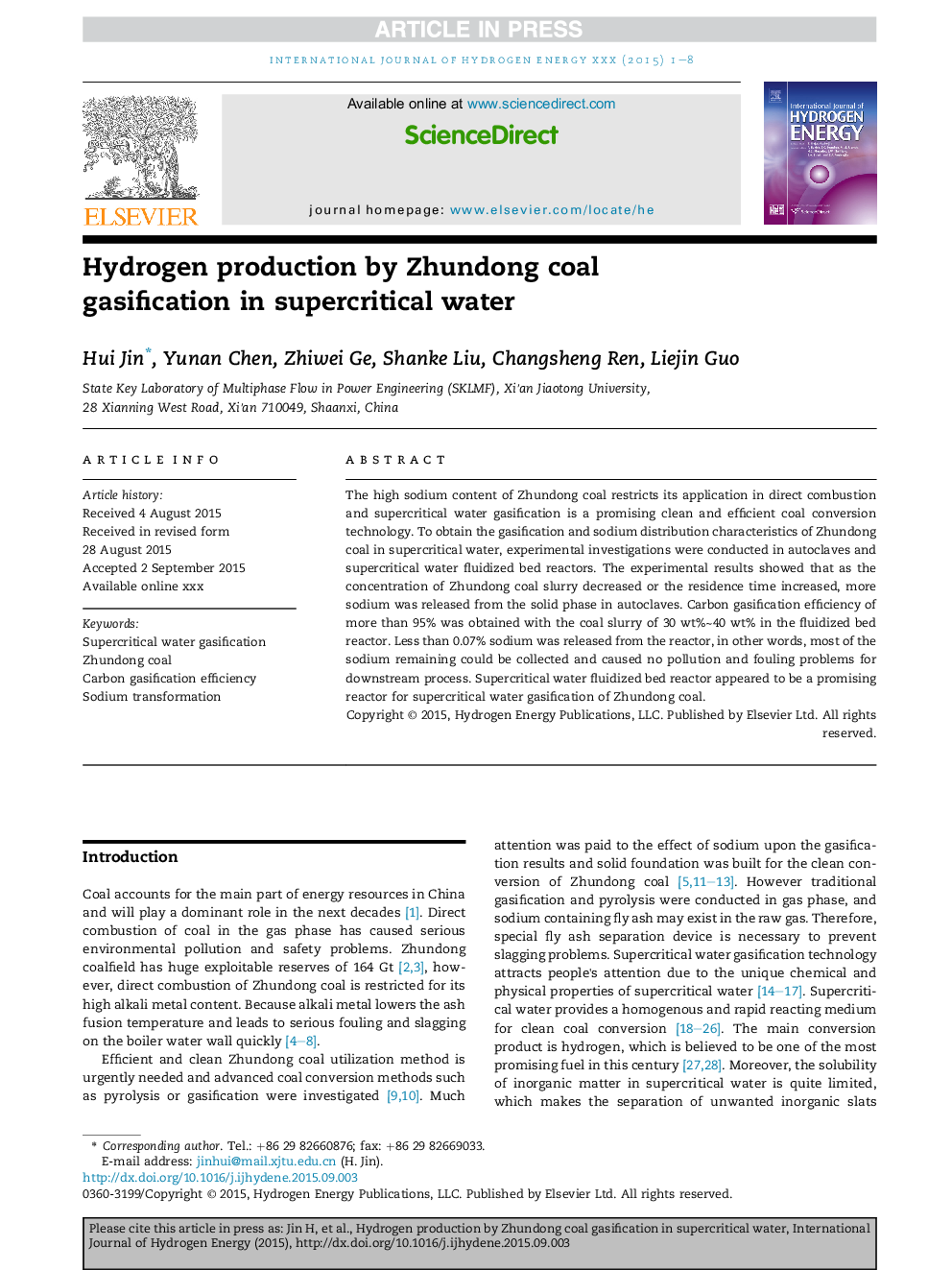 Hydrogen production by Zhundong coal gasification in supercritical water