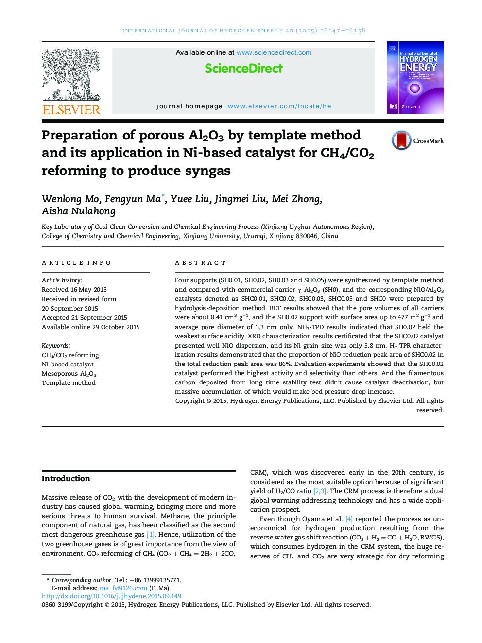 Preparation of porous Al2O3 by template method and its application in Ni-based catalyst for CH4/CO2 reforming to produce syngas