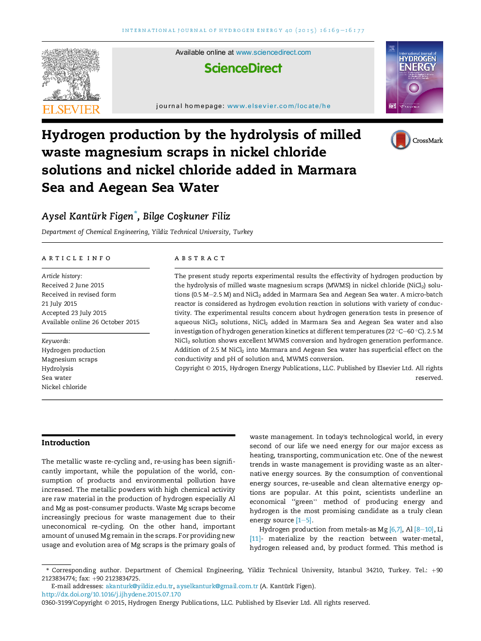 Hydrogen production by the hydrolysis of milled waste magnesium scraps in nickel chloride solutions and nickel chloride added in Marmara Sea and Aegean Sea Water