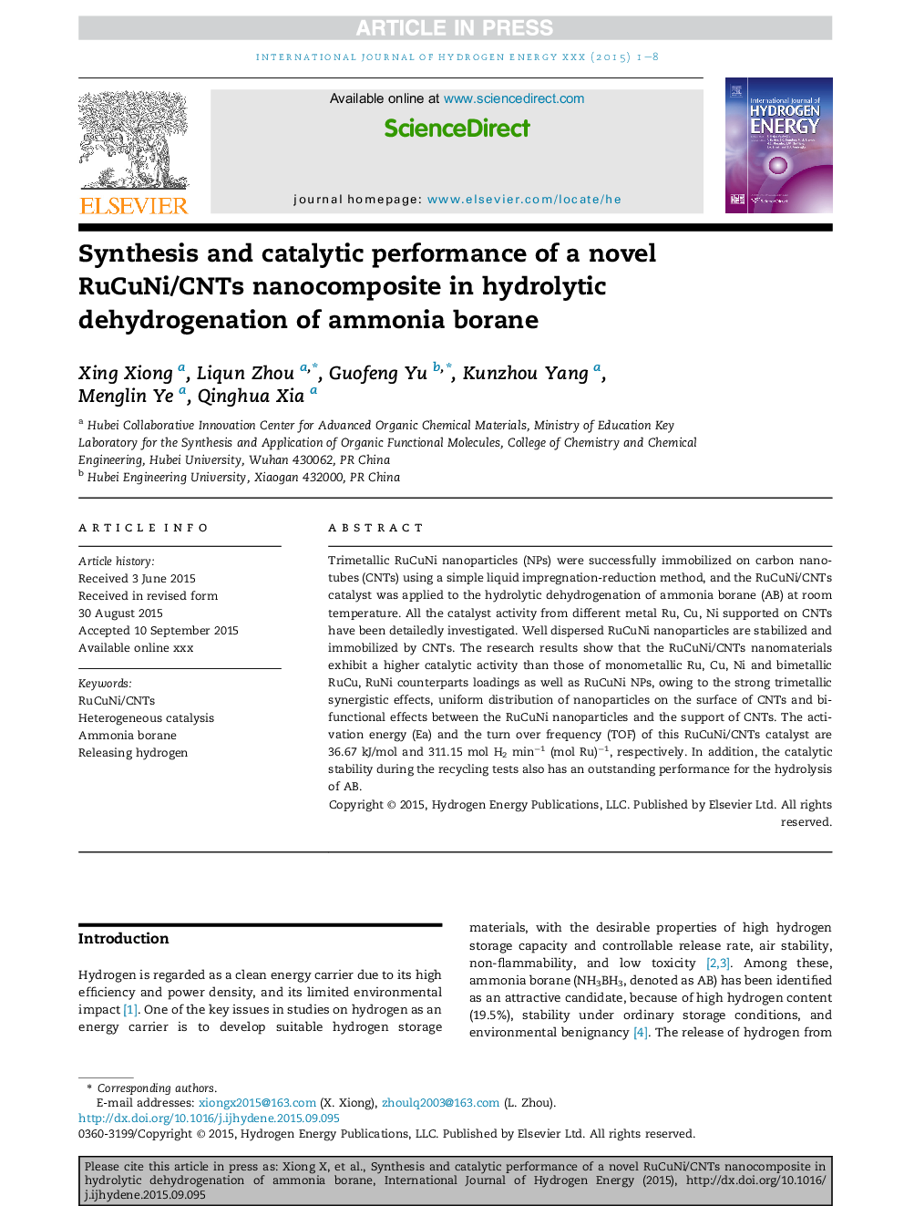 Synthesis and catalytic performance of a novel RuCuNi/CNTs nanocomposite in hydrolytic dehydrogenation of ammonia borane