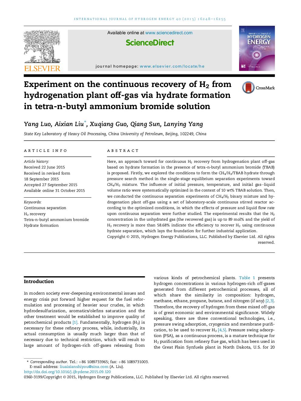 Experiment on the continuous recovery of H2 from hydrogenation plant off-gas via hydrate formation in tetra-n-butyl ammonium bromide solution