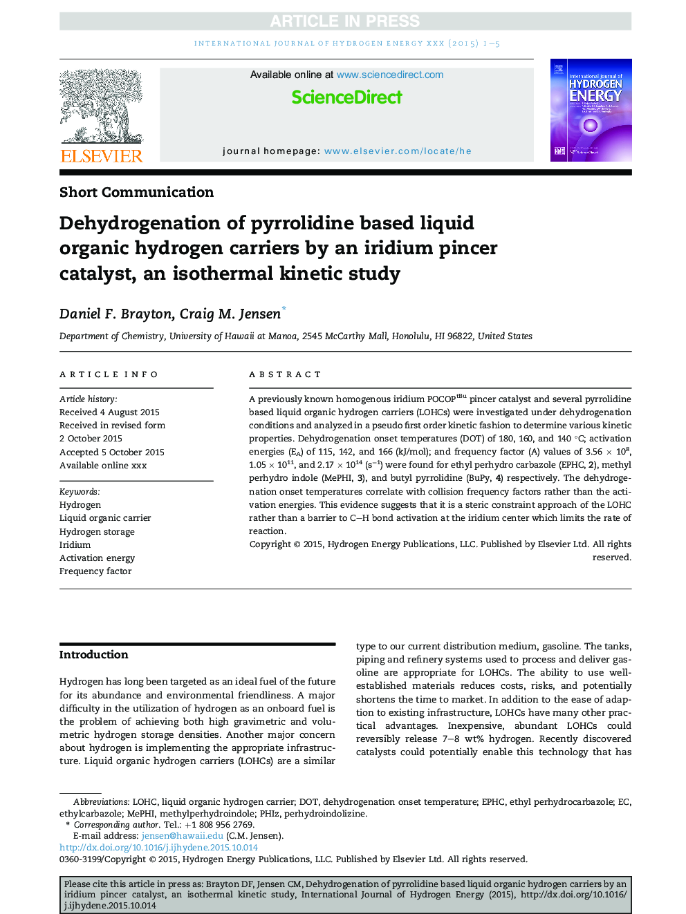 Dehydrogenation of pyrrolidine based liquid organic hydrogen carriers by an iridium pincer catalyst, an isothermal kinetic study