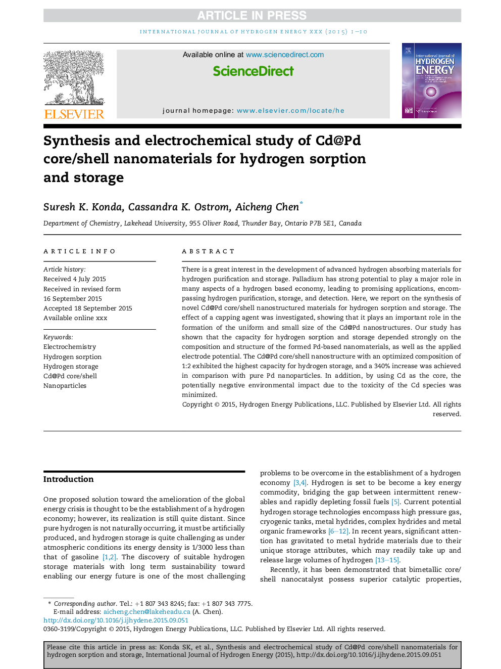 Synthesis and electrochemical study of Cd@Pd core/shell nanomaterials for hydrogen sorption and storage