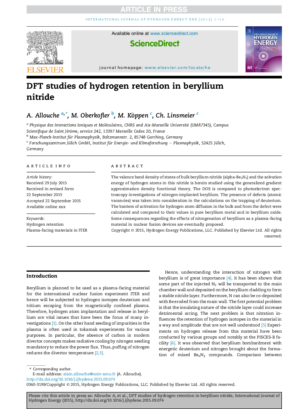 DFT studies of hydrogen retention in beryllium nitride