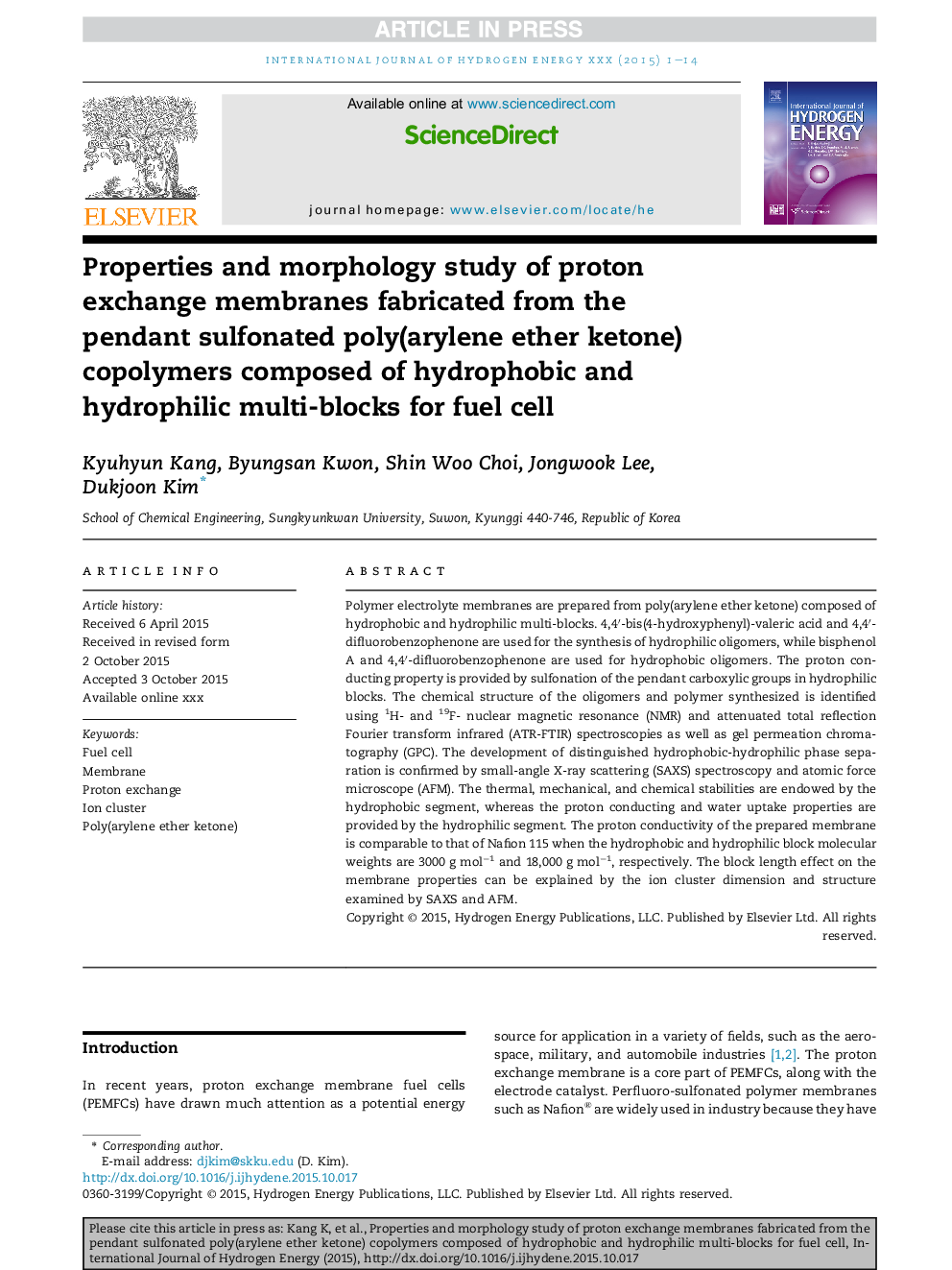 خواص و بررسی مورفولوژی غشاهای تبادل پروتون ساخته شده از کوپلیمرهای سولفونیک پلی کریستین (آرویلن اتر کتون) آویز ساخته شده از چند بلوک هیدروفوب و هیدروفیلی برای سلول سوختی 