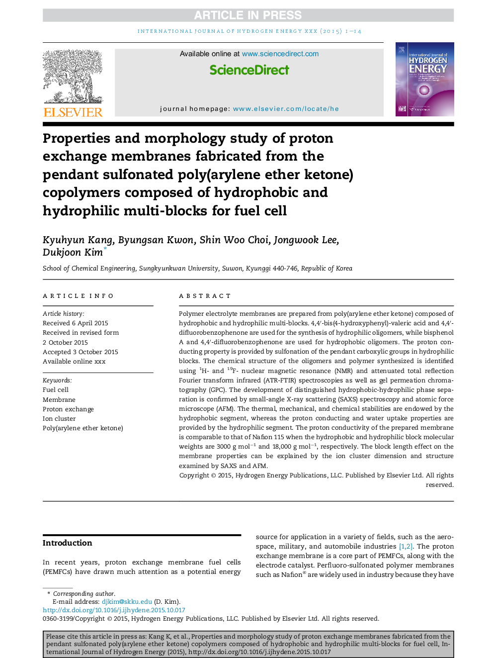 Properties and morphology study of proton exchange membranes fabricated from the pendantÂ sulfonated poly(arylene ether ketone) copolymers composed of hydrophobic and hydrophilic multi-blocks for fuel cell