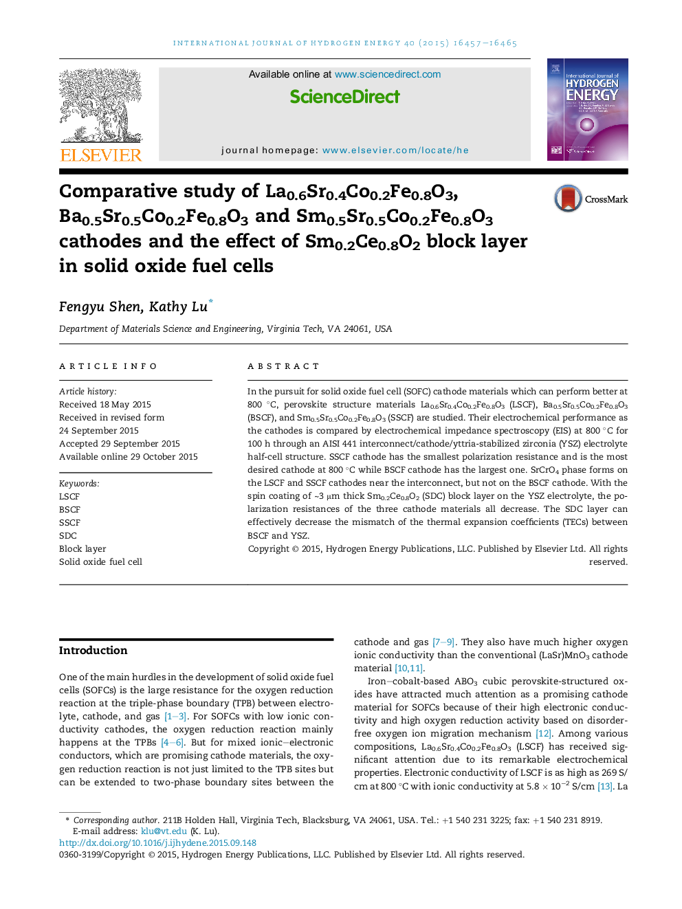 Comparative study of La0.6Sr0.4Co0.2Fe0.8O3, Ba0.5Sr0.5Co0.2Fe0.8O3 and Sm0.5Sr0.5Co0.2Fe0.8O3 cathodes and the effect of Sm0.2Ce0.8O2 block layer in solid oxide fuel cells