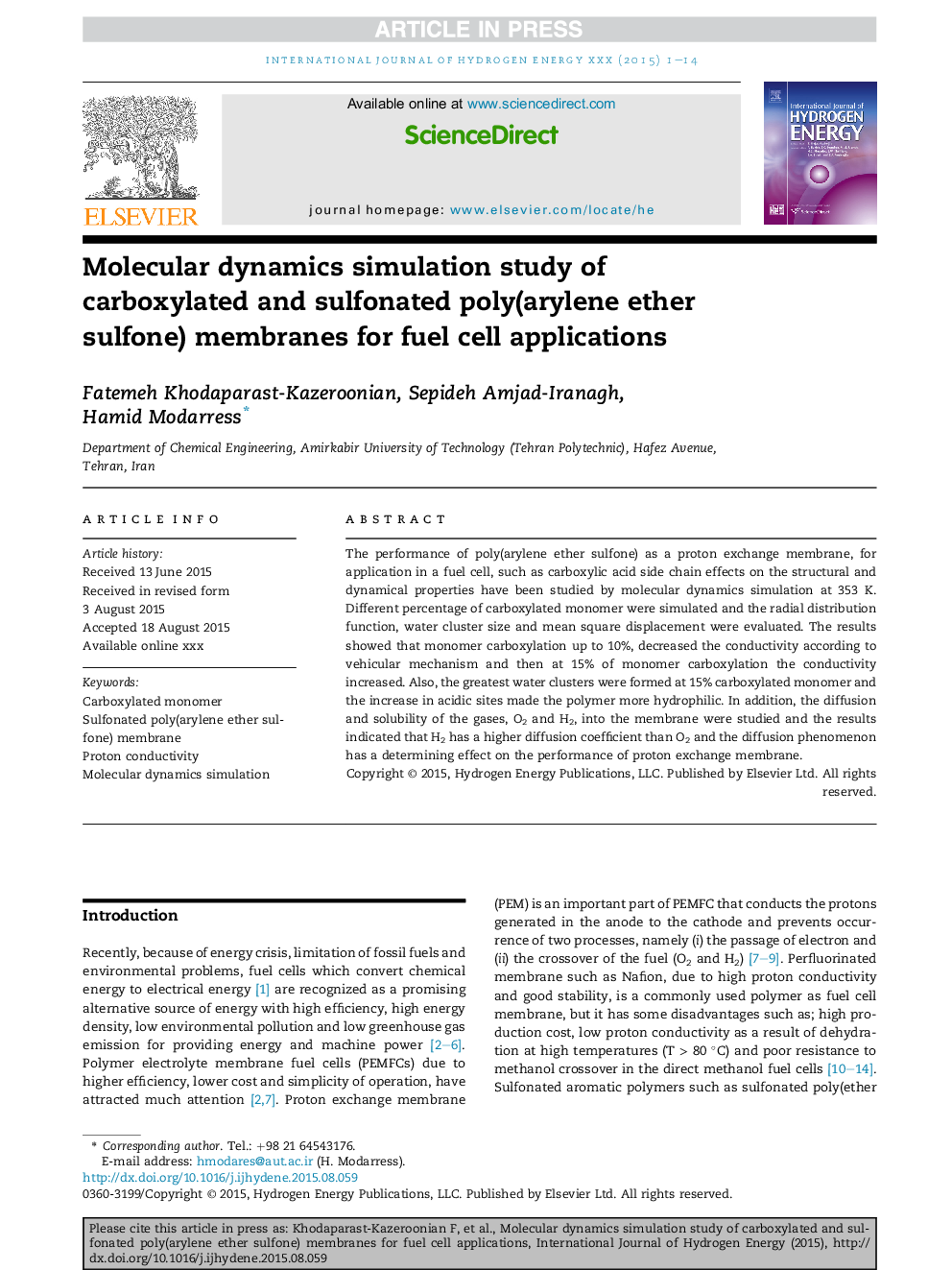 Molecular dynamics simulation study of carboxylated and sulfonated poly(arylene ether sulfone) membranes for fuel cell applications