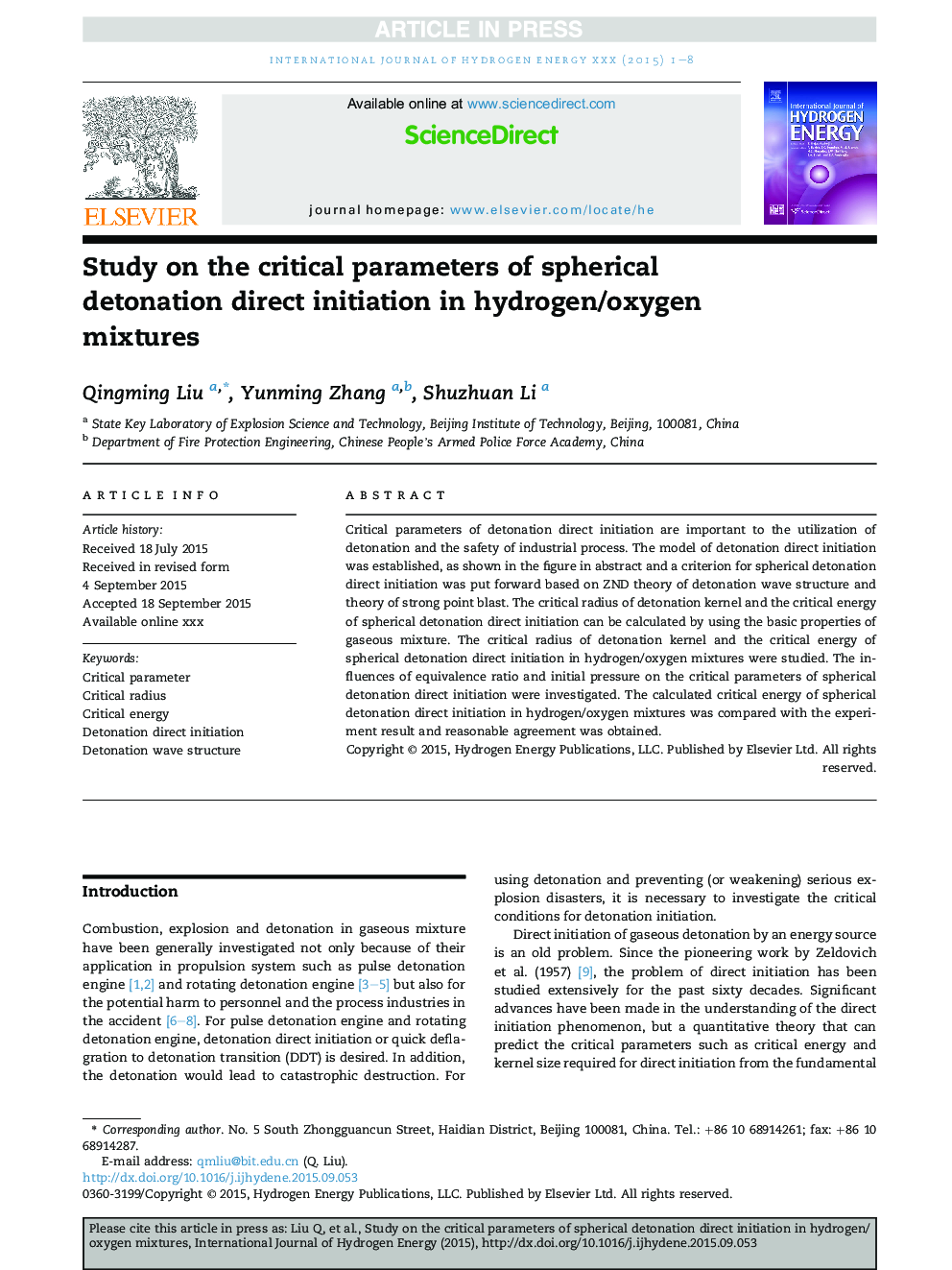 Study on the critical parameters of spherical detonation direct initiation in hydrogen/oxygen mixtures
