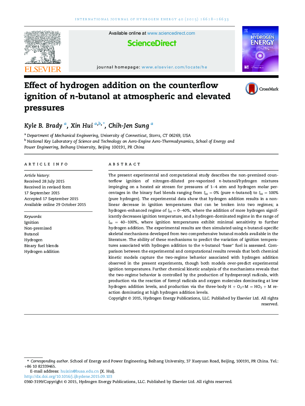 Effect of hydrogen addition on the counterflow ignition of n-butanol at atmospheric and elevated pressures