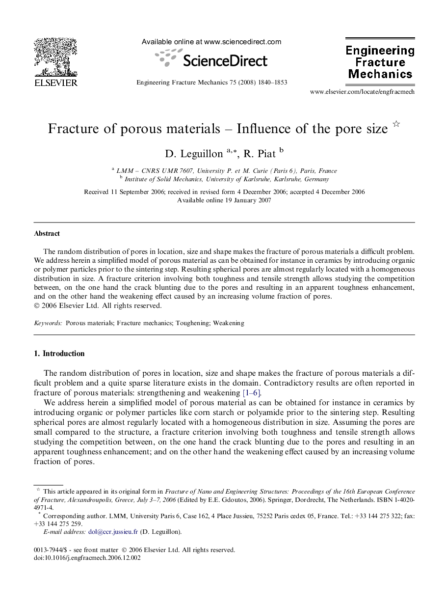 Fracture of porous materials – Influence of the pore size 