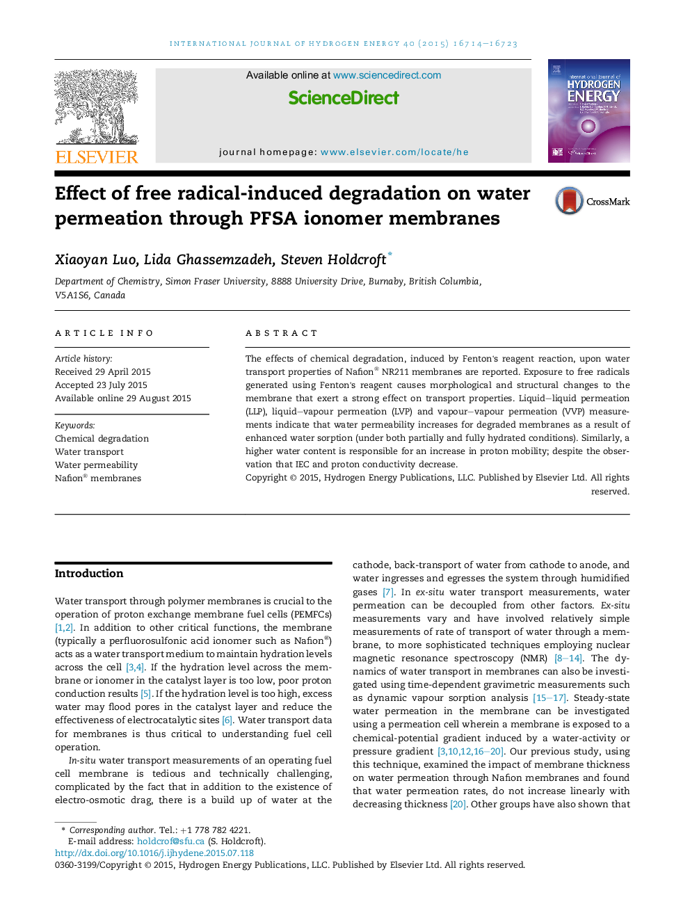 Effect of free radical-induced degradation on water permeation through PFSA ionomer membranes