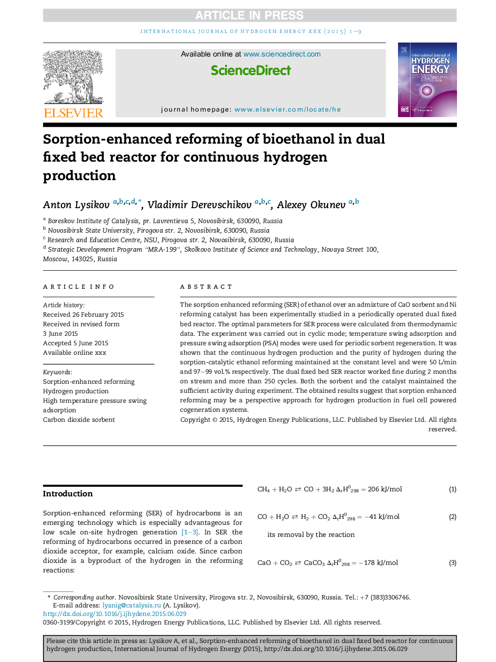 Sorption-enhanced reforming of bioethanol in dual fixed bed reactor for continuous hydrogen production