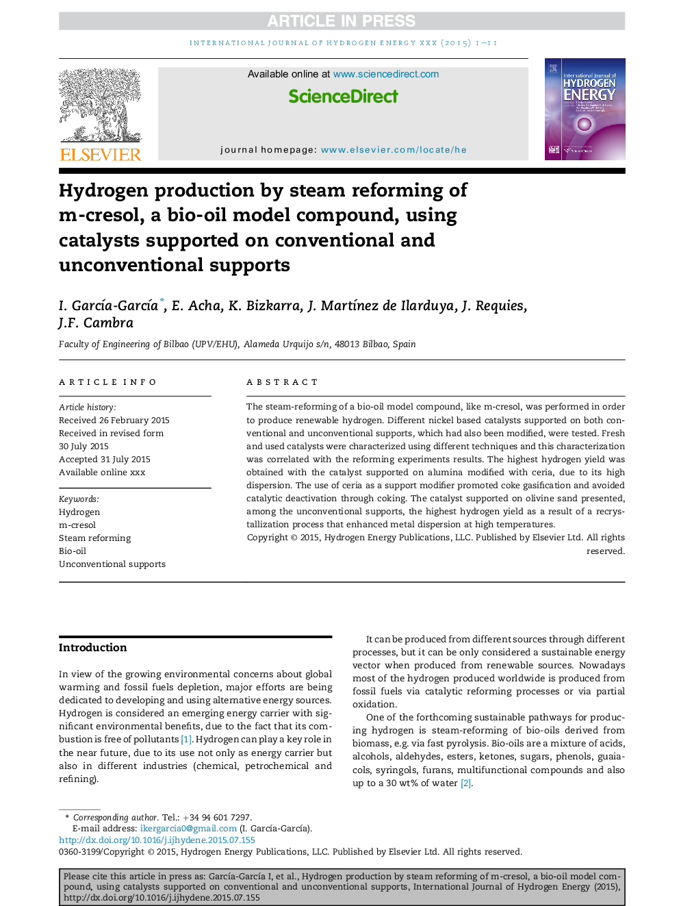 Hydrogen production by steam reforming of m-cresol, a bio-oil model compound, using catalysts supported on conventional and unconventional supports