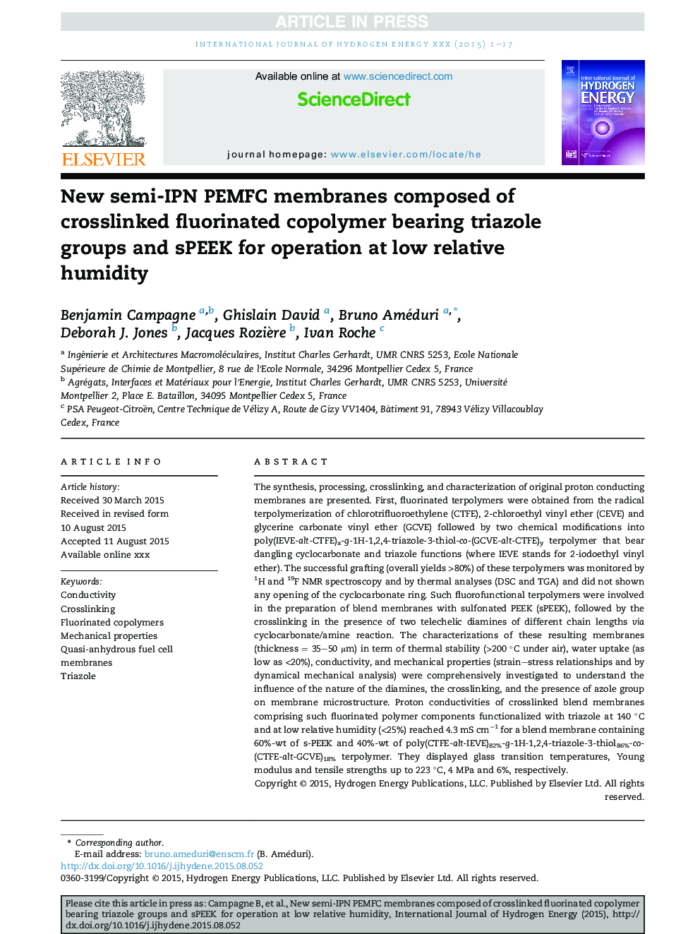 New semi-IPN PEMFC membranes composed of crosslinked fluorinated copolymer bearing triazole groups and sPEEK for operation at low relative humidity