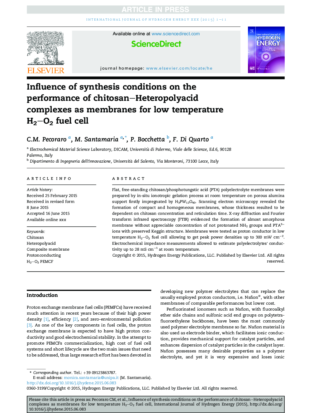 Influence of synthesis conditions on the performance of chitosan-Heteropolyacid complexes as membranes for low temperature H2-O2 fuel cell
