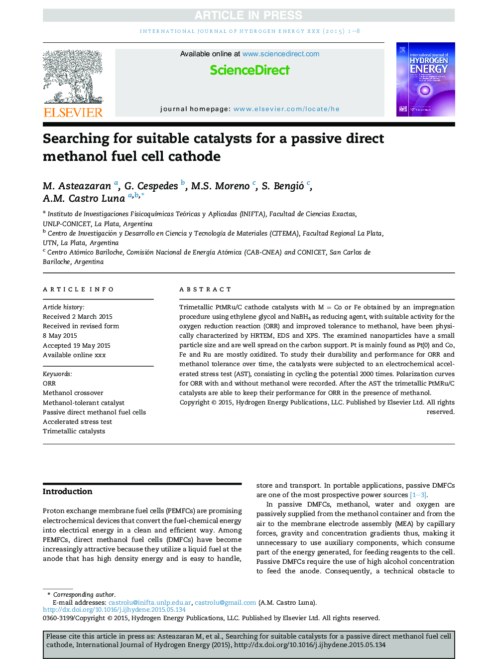 Searching for suitable catalysts for a passive direct methanol fuel cell cathode