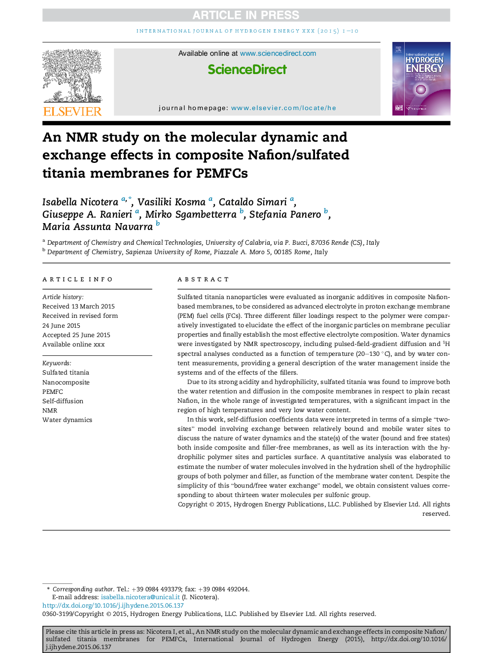 An NMR study on the molecular dynamic and exchange effects in composite Nafion/sulfated titania membranes for PEMFCs