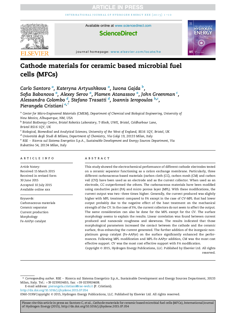 Cathode materials for ceramic based microbial fuel cells (MFCs)