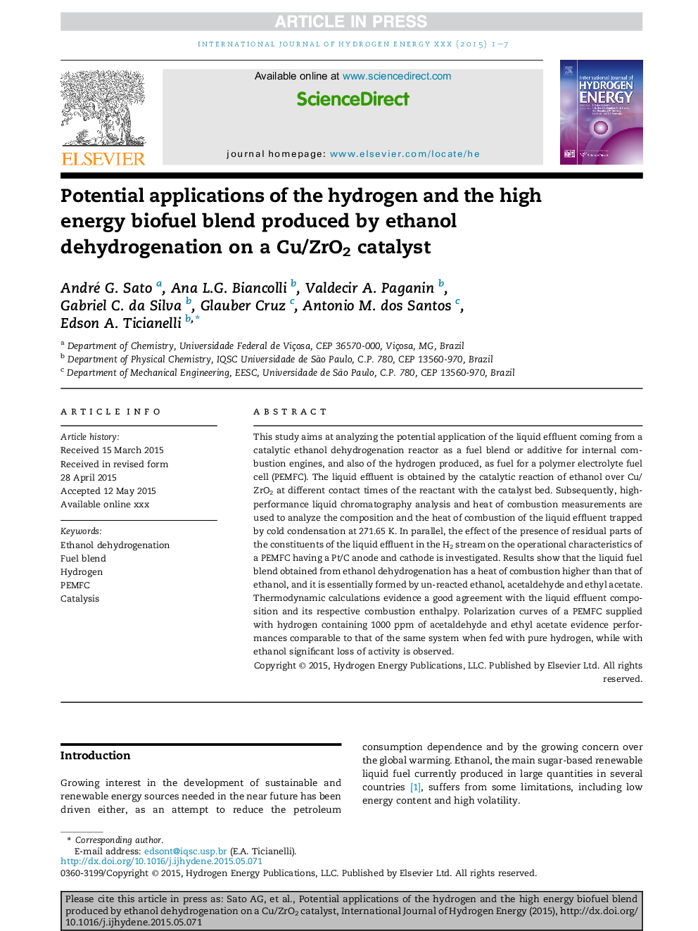 Potential applications of the hydrogen and the high energy biofuel blend produced by ethanol dehydrogenation on a Cu/ZrO2 catalyst