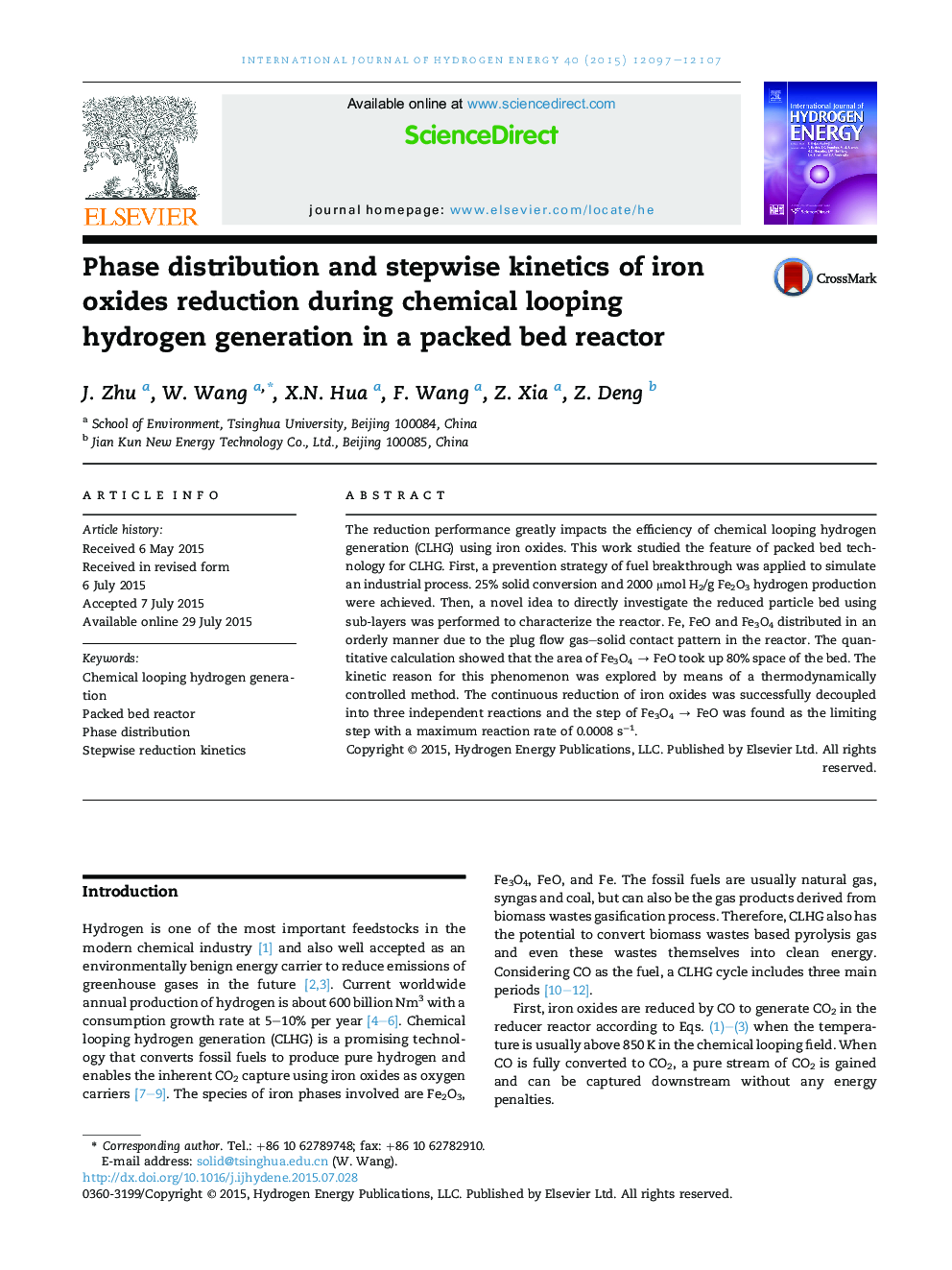 Phase distribution and stepwise kinetics of iron oxides reduction during chemical looping hydrogen generation in a packed bed reactor