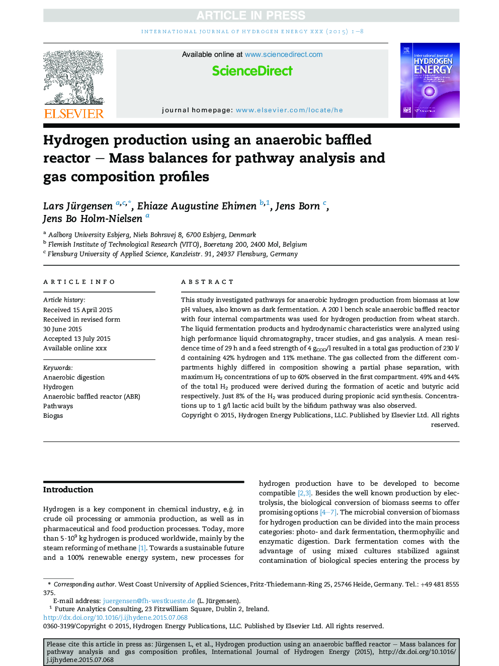 Hydrogen production using an anaerobic baffled reactor - Mass balances for pathway analysis and gas composition profiles