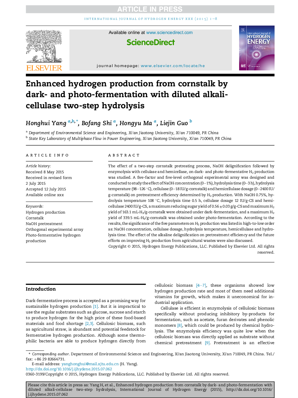 Enhanced hydrogen production from cornstalk by dark- and photo-fermentation with diluted alkali-cellulase two-step hydrolysis