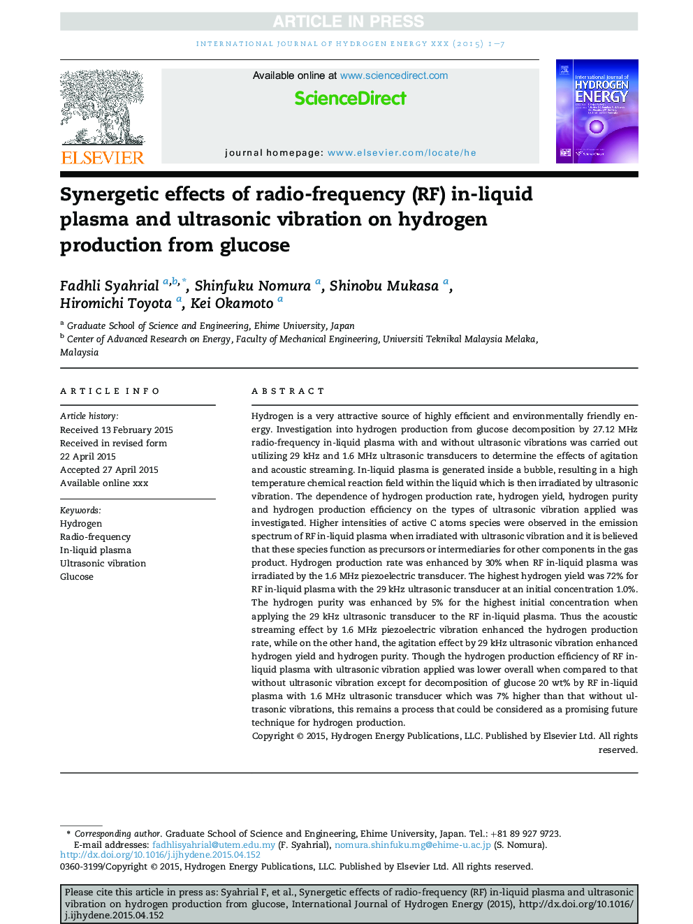 Synergetic effects of radio-frequency (RF) in-liquid plasma and ultrasonic vibration on hydrogen production from glucose