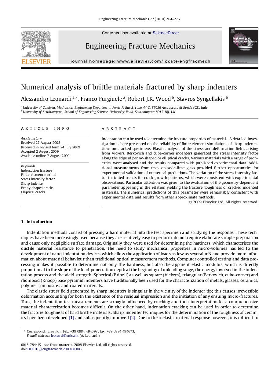 Numerical analysis of brittle materials fractured by sharp indenters