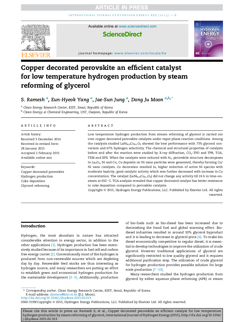 Copper decorated perovskite an efficient catalyst for low temperature hydrogen production by steam reforming of glycerol