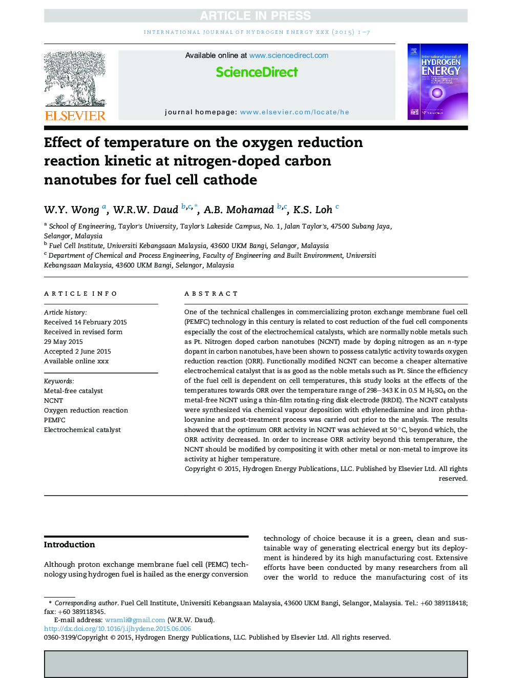 Effect of temperature on the oxygen reduction reaction kinetic at nitrogen-doped carbon nanotubes for fuel cell cathode