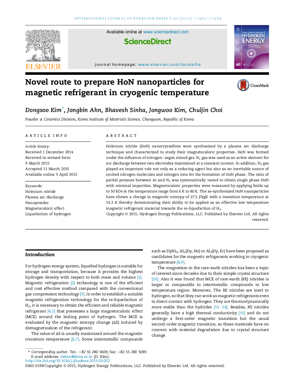 Novel route to prepare HoN nanoparticles for magnetic refrigerant in cryogenic temperature