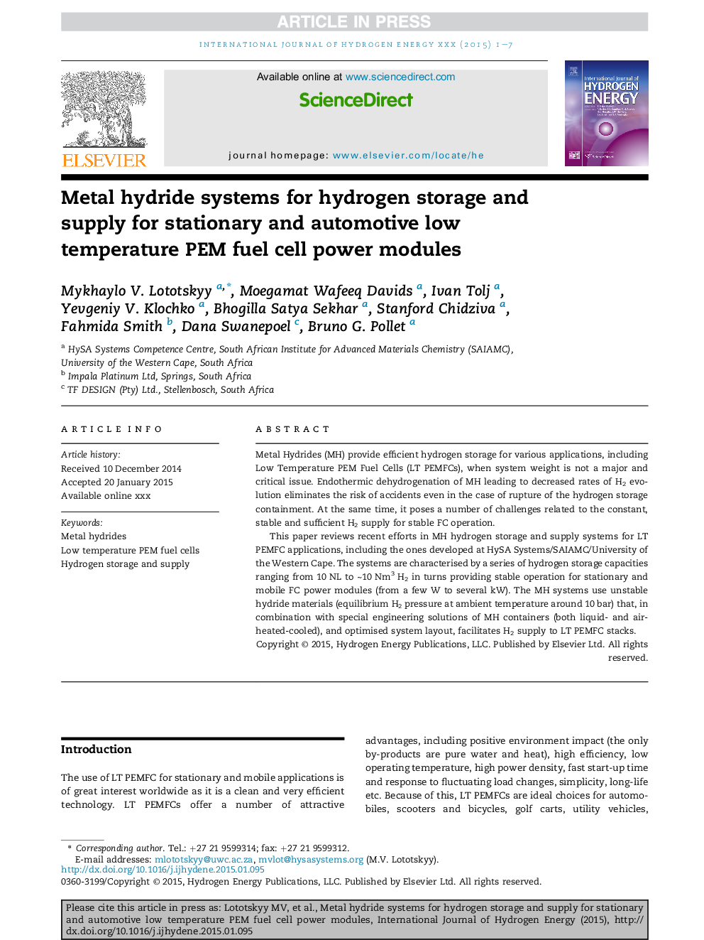 Metal hydride systems for hydrogen storage and supply for stationary and automotive low temperature PEM fuel cell power modules