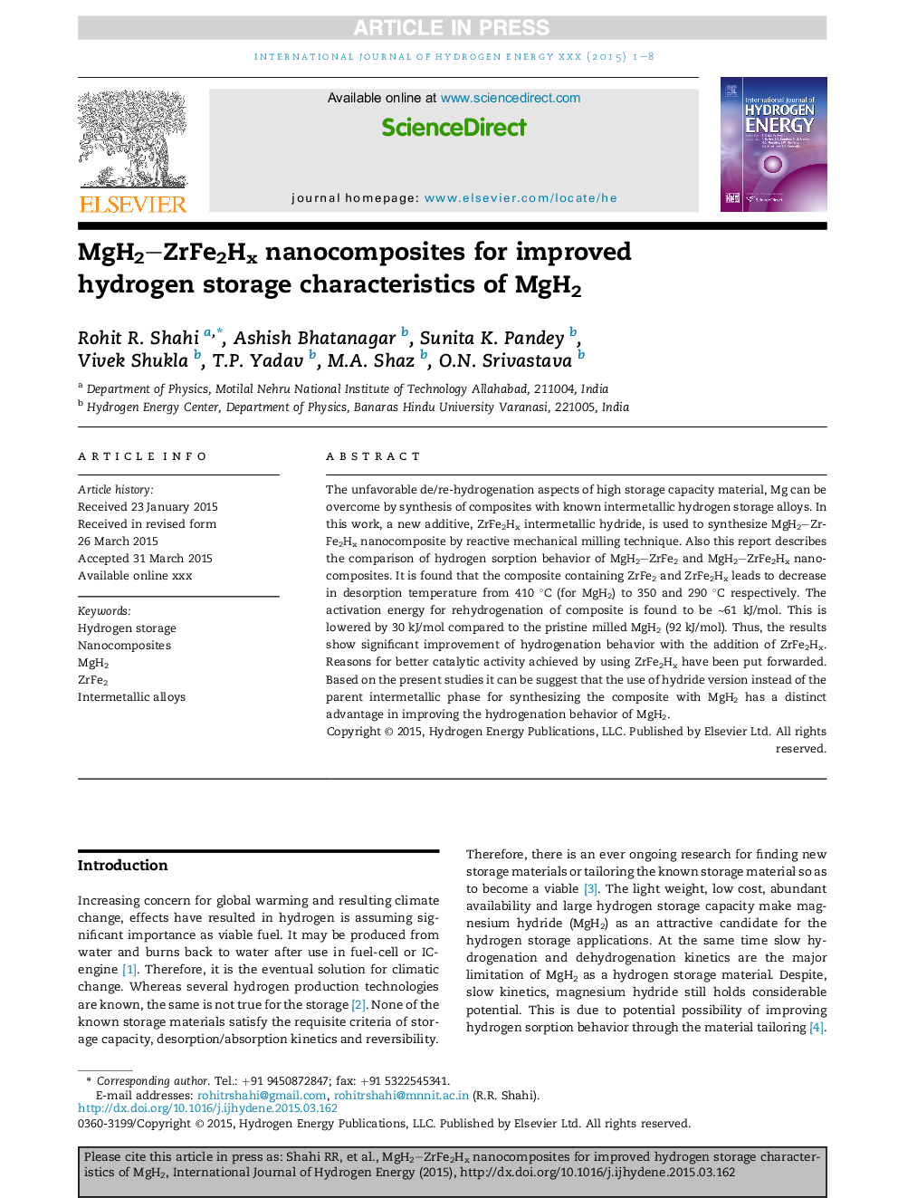 MgH2-ZrFe2Hx nanocomposites for improved hydrogen storage characteristics of MgH2