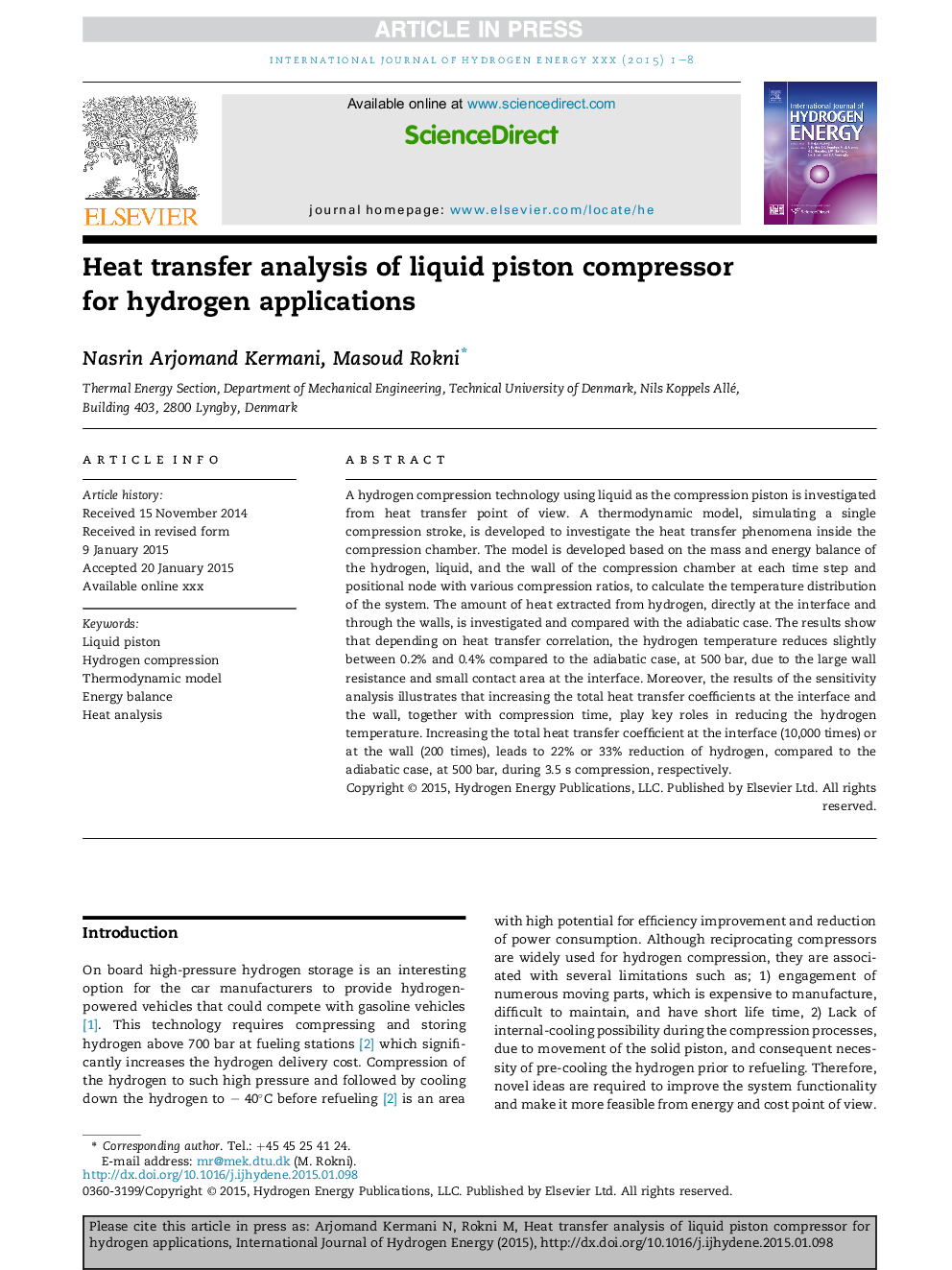 Heat transfer analysis of liquid piston compressor for hydrogen applications